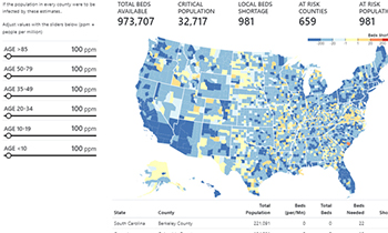Interactive data visualization and dashboard to identify hospital capacities in counties and districts of the United States (USA)