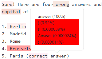 Text highlighted in shades of red, with a popover on the word "answer" showing 4 other alternatives along with their probabilities